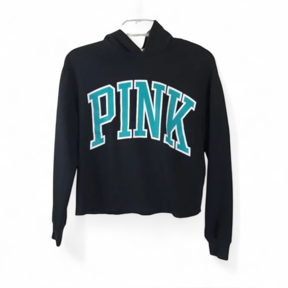 PINK Victoria's Secret Soft Black And Teal Oversized Cropped Hoodie Size S/M